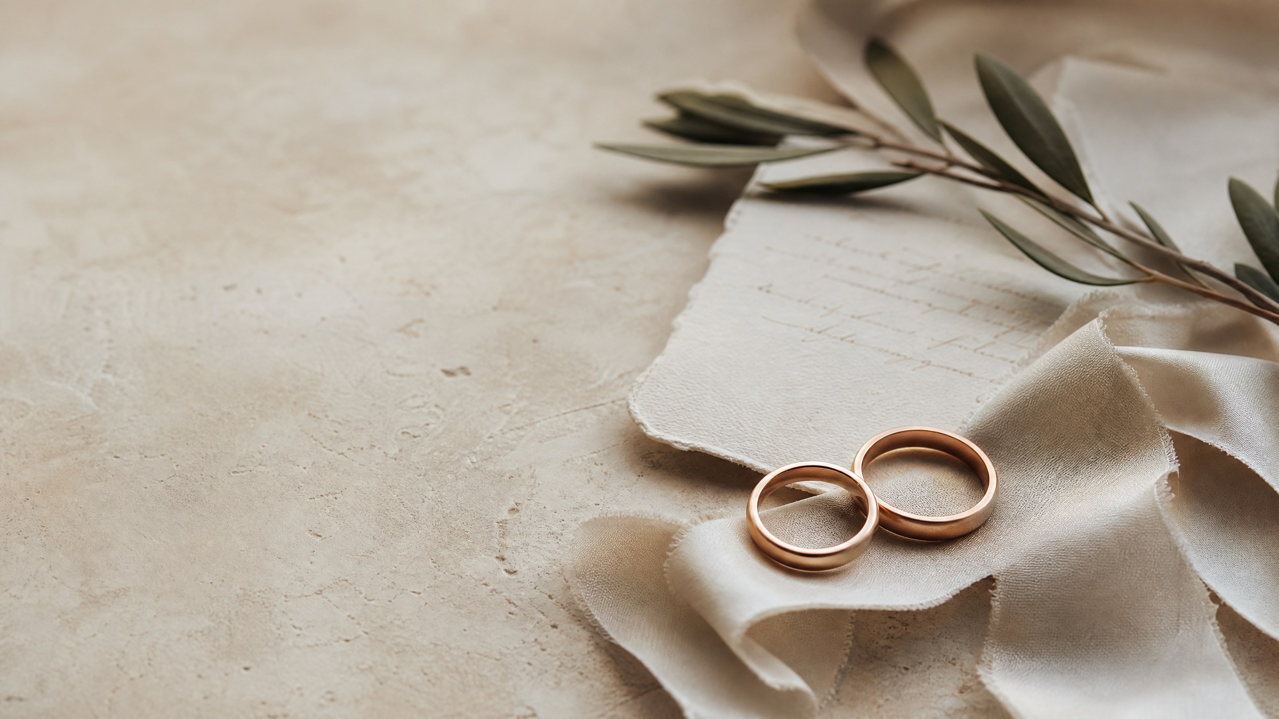 Two wedding rings on ivory linen beside a vow card